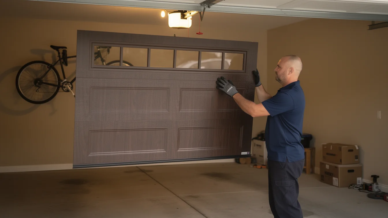 A technician in a blue shirt and gloves installs a brown garage door panel.