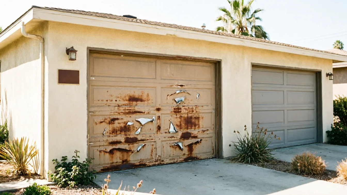 A house has two garage doors, one rusted and peeling, the other gray.