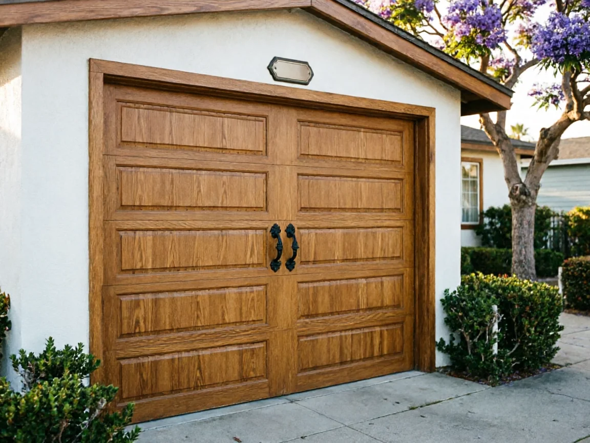 A brown wooden garage door with black handles on a white house.
