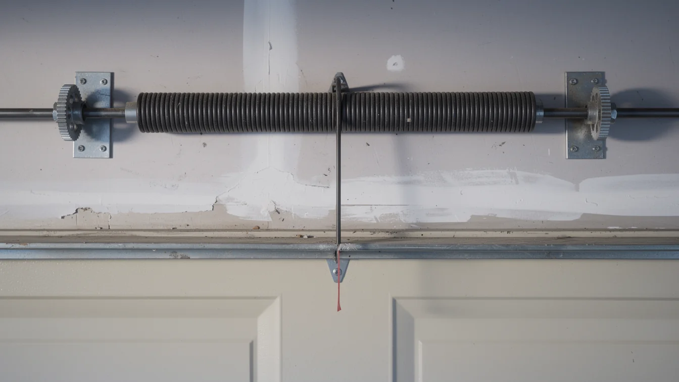A garage door torsion spring is mounted above a white garage door.