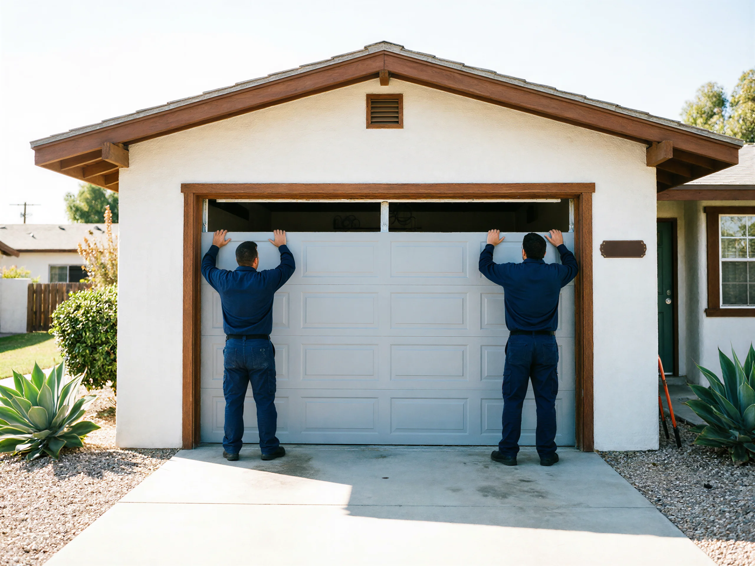 Two technicians in blue uniforms install a light gray garage door on a white house.