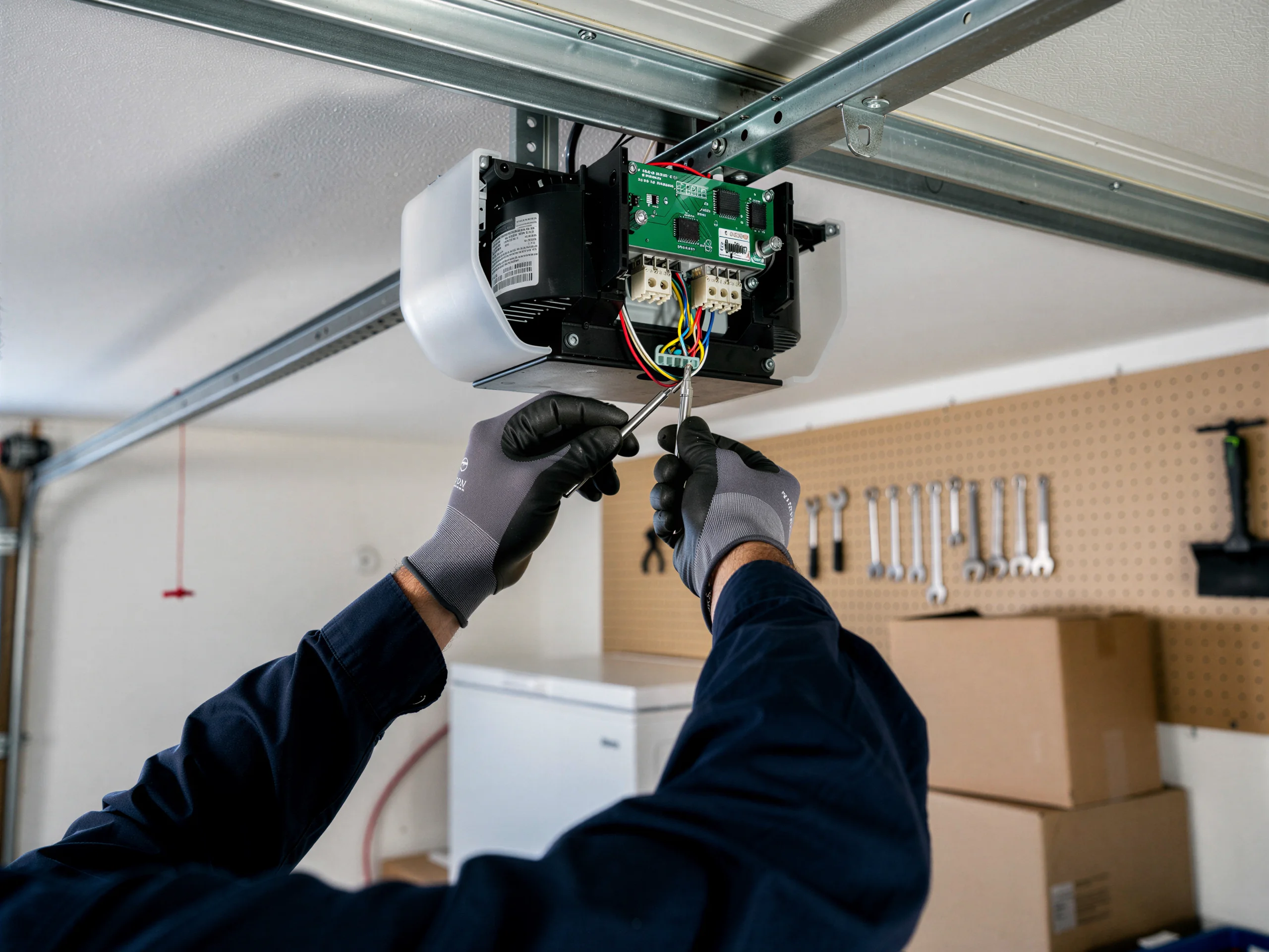 A technician in gloves works on the wiring of a garage door opener.