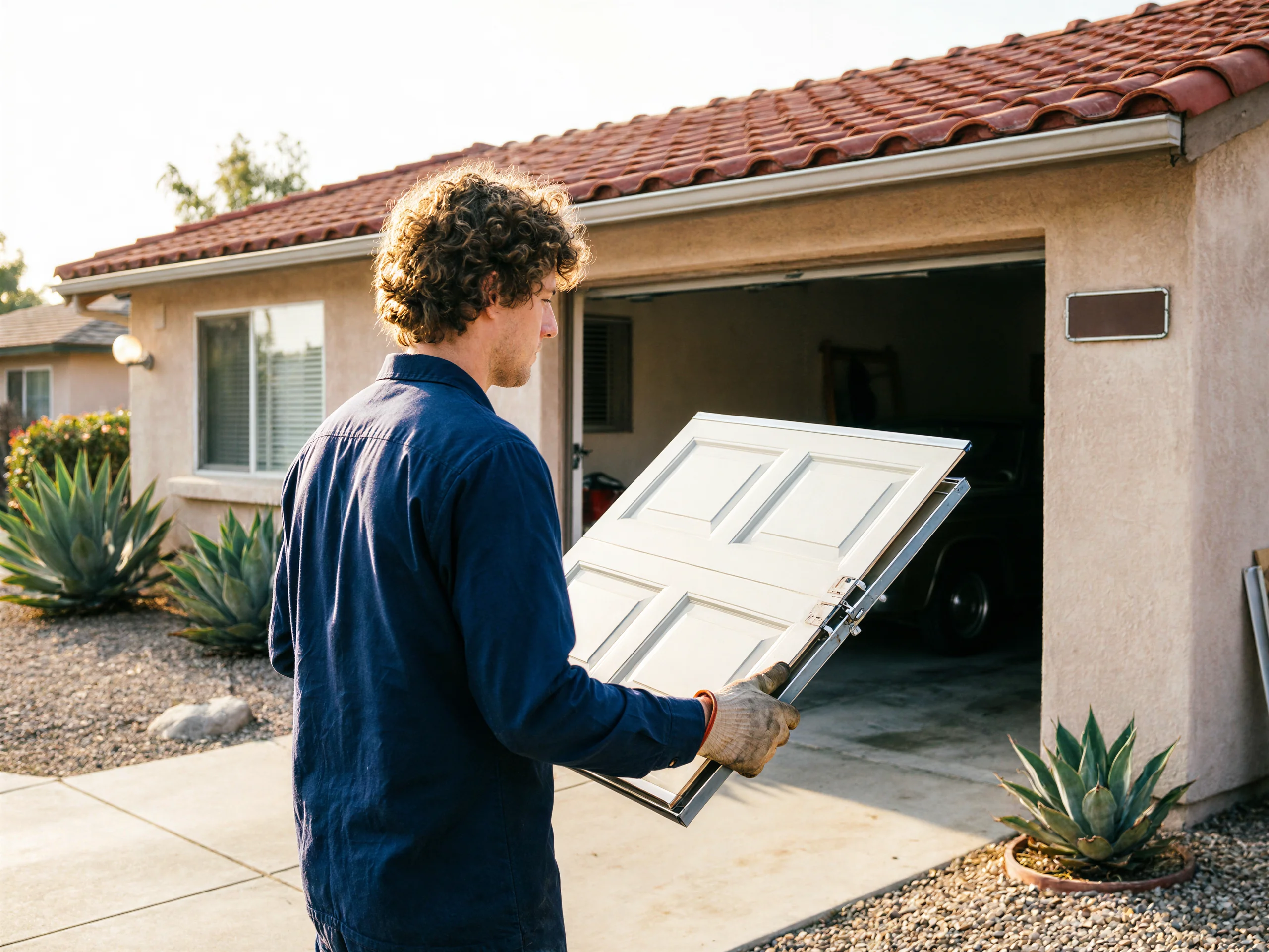 A technician carries a white garage door panel toward an open garage.