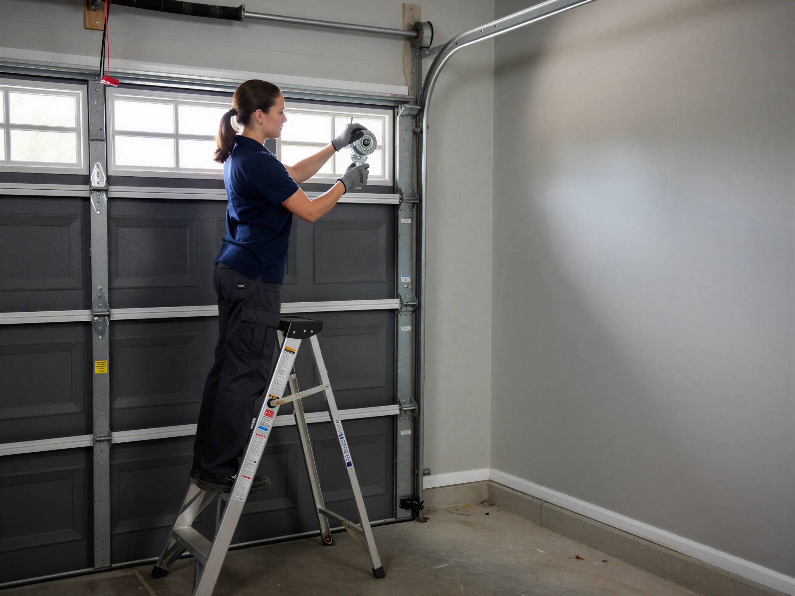 A technician on a ladder is installing a garage door opener.